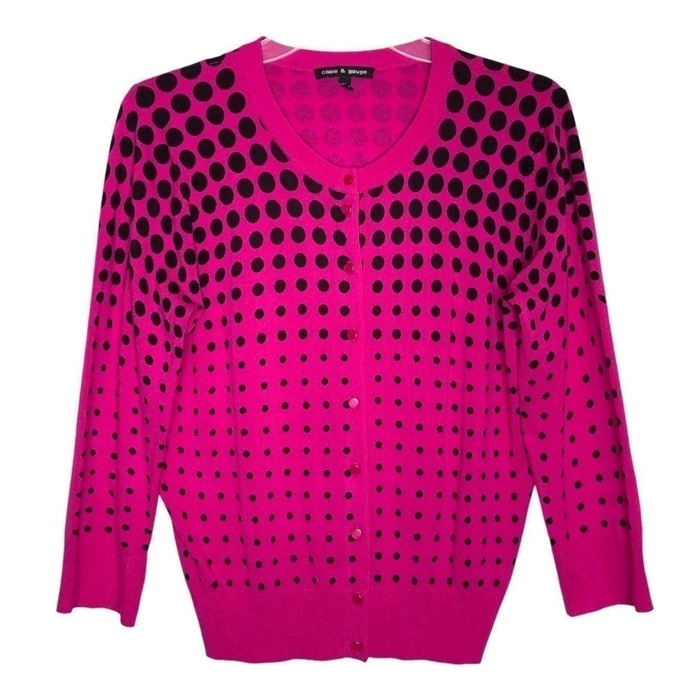 New - CABLE & GAUGE Barbie Bright Pink/Black Polka Dot Button Front Cardigan - M
